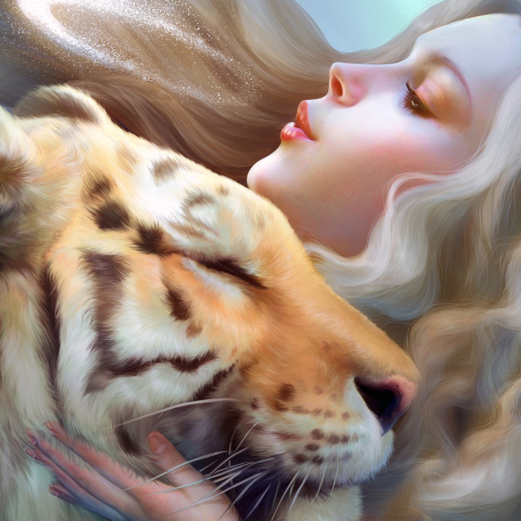 Обои Girl And Tiger Art 1024x1024