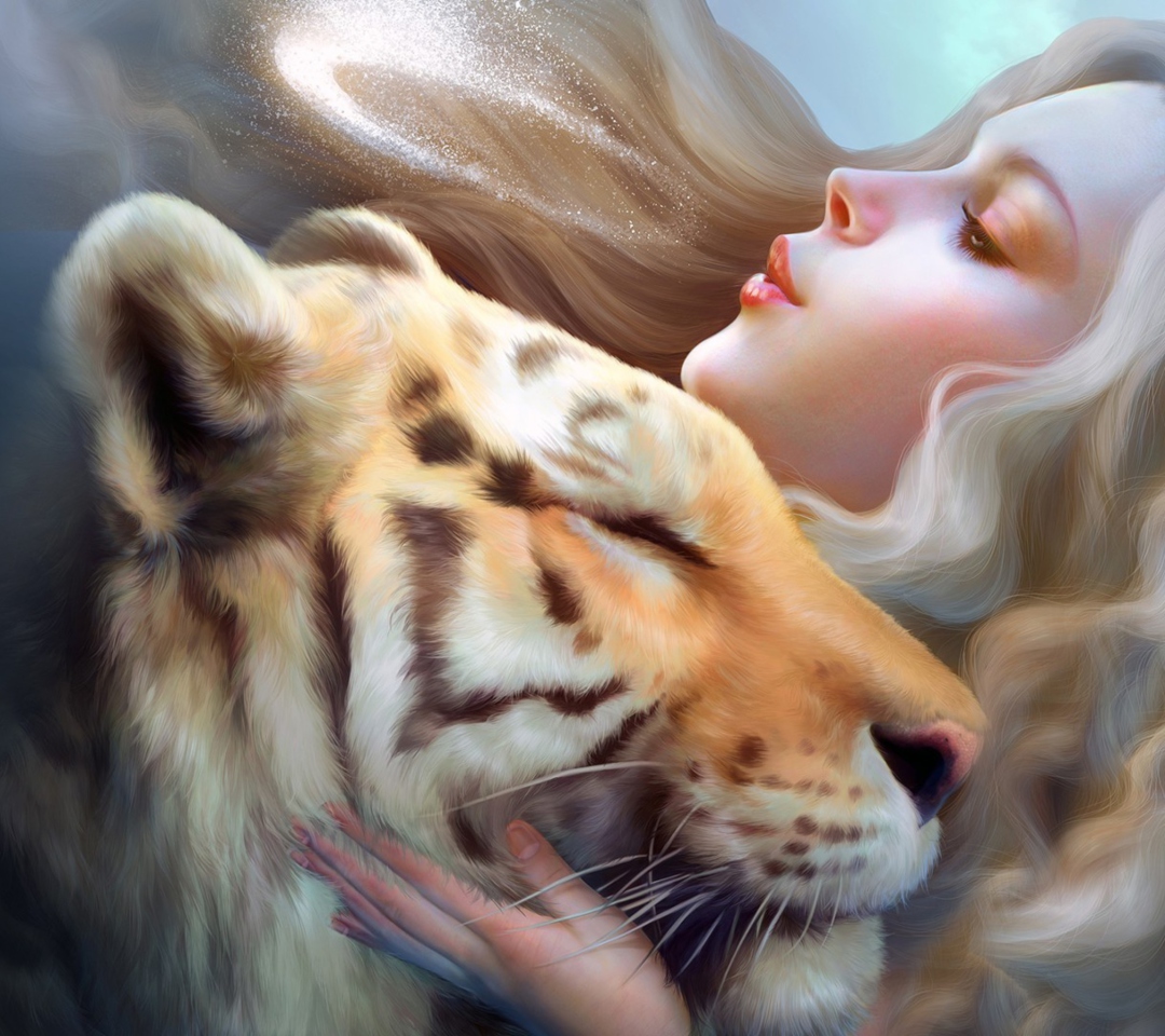 Обои Girl And Tiger Art 1080x960