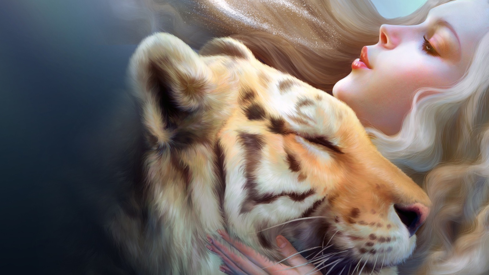 Обои Girl And Tiger Art 1600x900