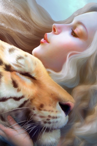 Das Girl And Tiger Art Wallpaper 320x480