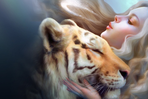 Обои Girl And Tiger Art 480x320