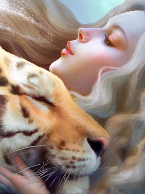 Girl And Tiger Art wallpaper 480x640