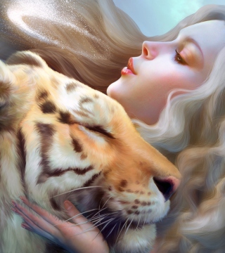 Girl And Tiger Art - Obrázkek zdarma pro 1024x1024