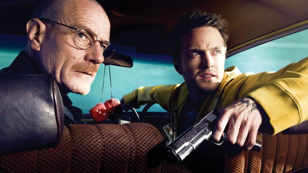 Jessie Pinkman Aaron Paul and Walter White Bryan Cranston Heisenberg in Breaking Bad wallpaper 1280x720