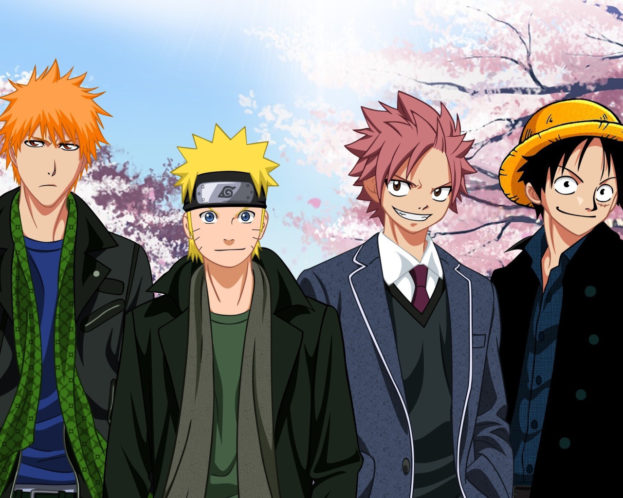 Ichigo Kurosaki, Naruto Uzumaki, Natsu Dragneel, Luffy wallpaper 1280x1024