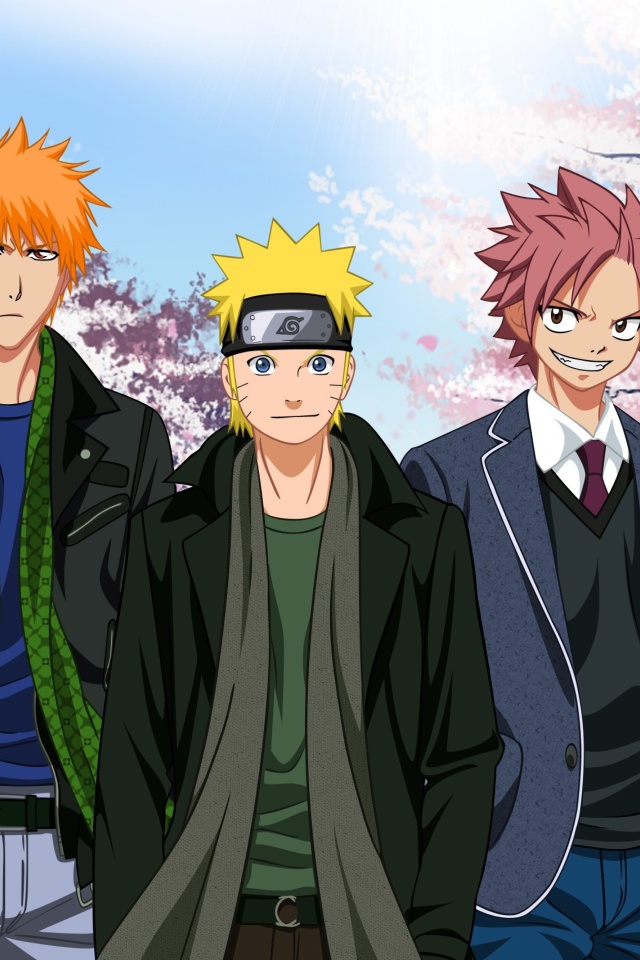 Обои Ichigo Kurosaki, Naruto Uzumaki, Natsu Dragneel, Luffy 640x960