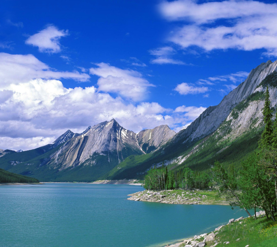 Обои Medicine Lake Volcano in Jasper National Park, Alberta, Canada 960x854