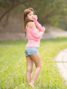 Cute Asian Girl In Pink T-Shirt And Blue Shorts wallpaper 132x176