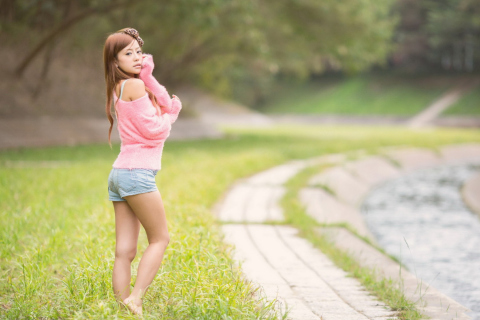 Cute Asian Girl In Pink T-Shirt And Blue Shorts wallpaper 480x320