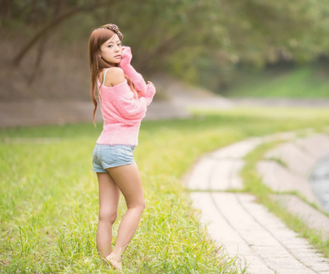 Cute Asian Girl In Pink T-Shirt And Blue Shorts wallpaper 480x400