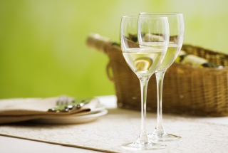 Two Glaeese Of White Wine On Table Wallpaper for Android, iPhone and iPad