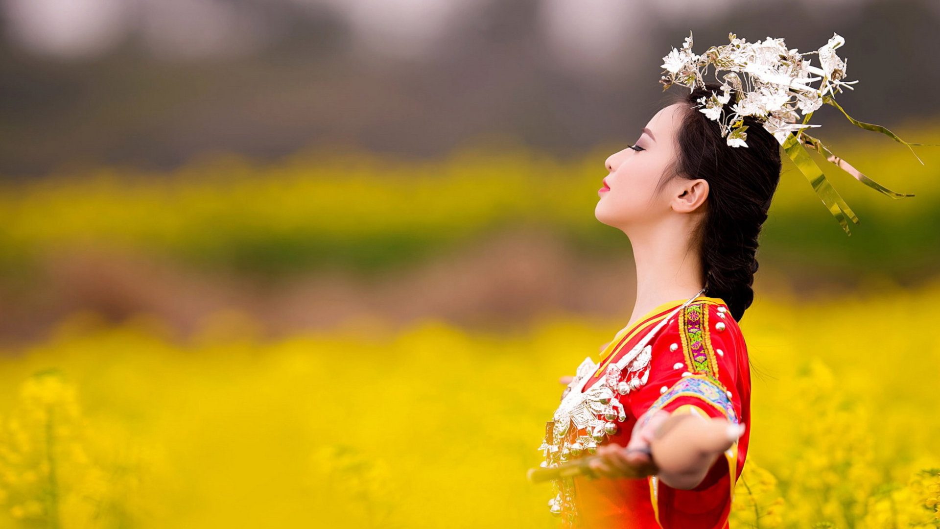 Обои Asian Girl In Yellow Flower Field 1920x1080