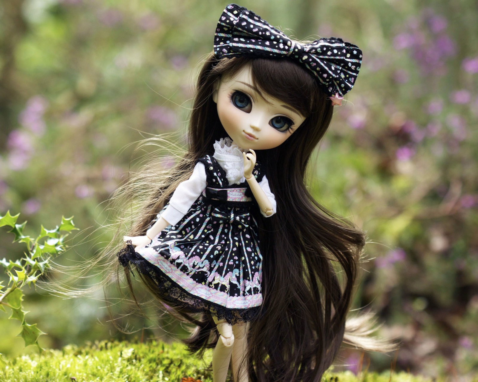 Cute Doll With Dark Hair And Black Bow wallpaper 1600x1280