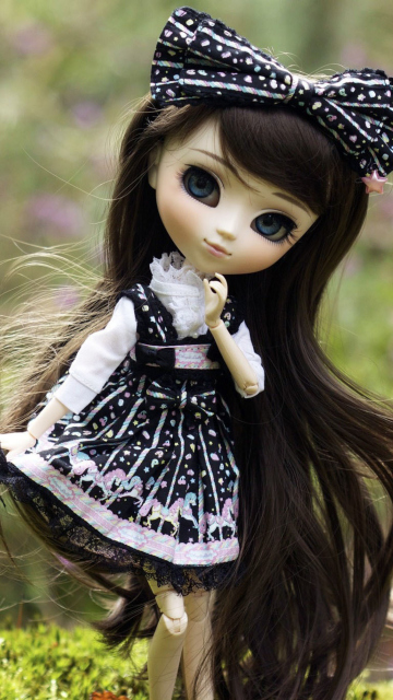 Cute Doll With Dark Hair And Black Bow wallpaper 360x640