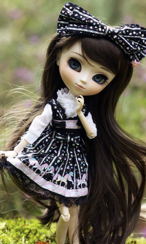 Cute Doll With Dark Hair And Black Bow wallpaper 480x800