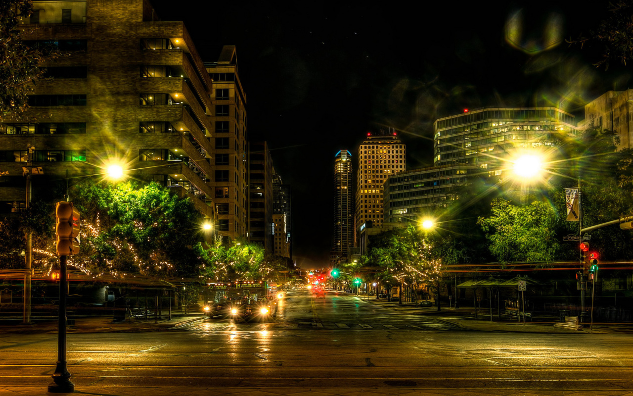 Houses in Austin HDR Night Street lights in Texas City wallpaper 1280x800