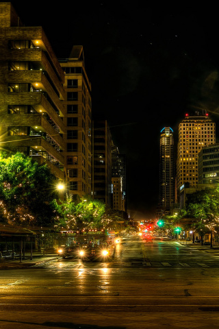 Das Houses in Austin HDR Night Street lights in Texas City Wallpaper 320x480