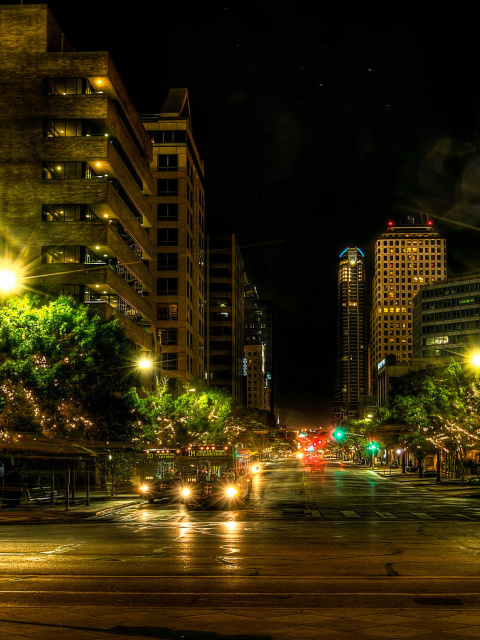 Das Houses in Austin HDR Night Street lights in Texas City Wallpaper 480x640