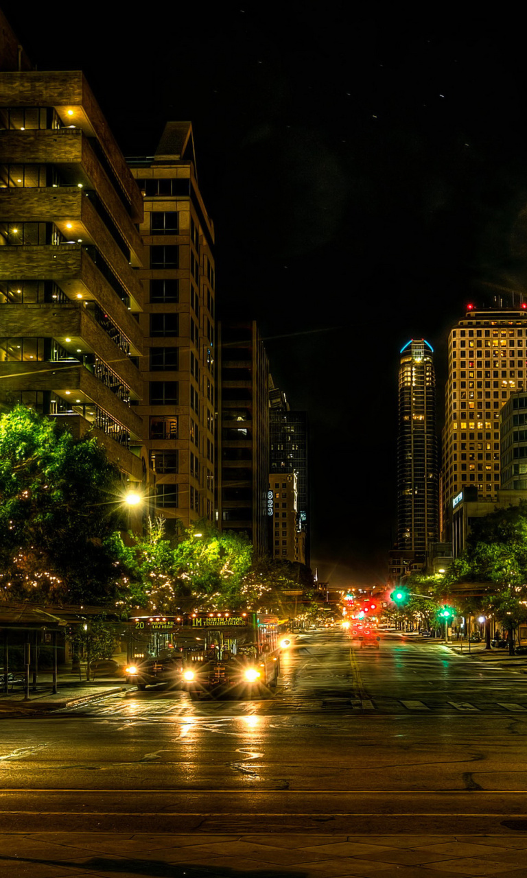 Sfondi Houses in Austin HDR Night Street lights in Texas City 768x1280