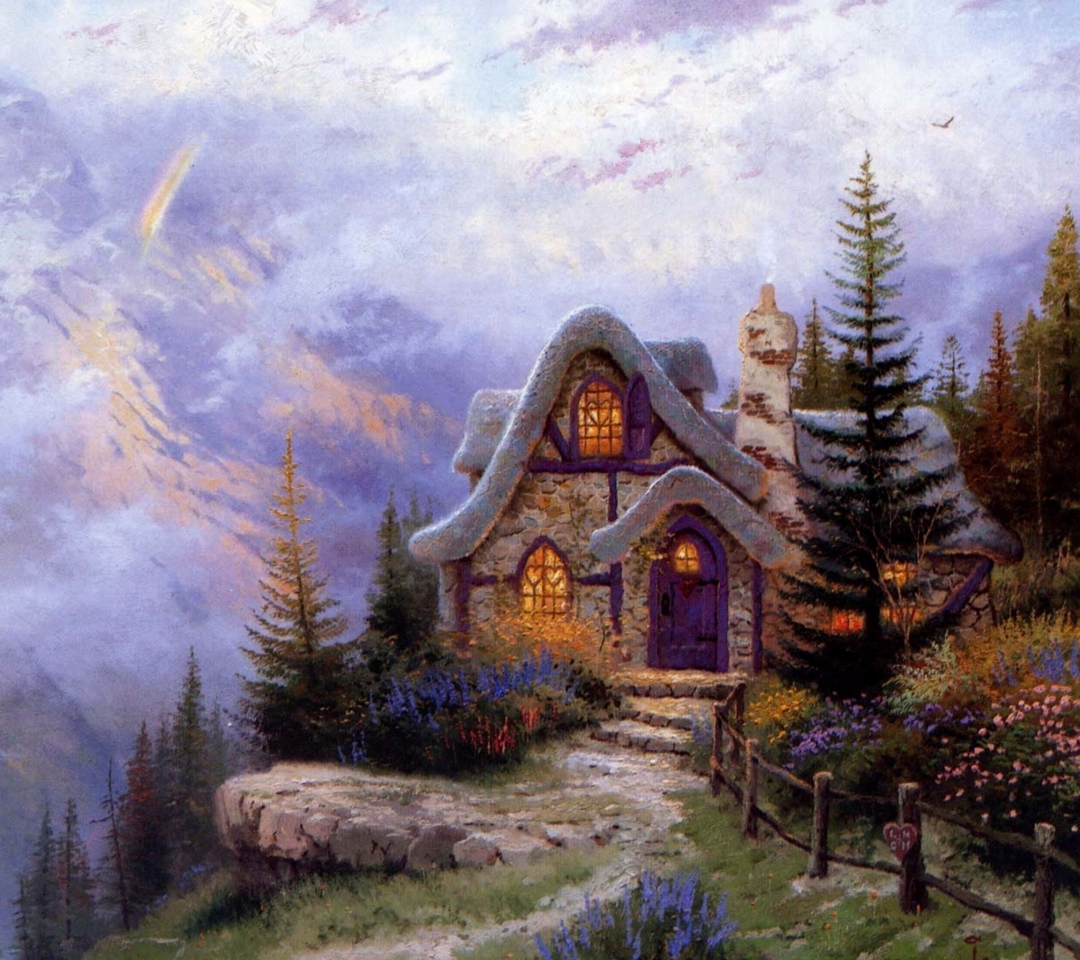 Sfondi Thomas Kinkade Sweetheart Cottage Painting 1080x960
