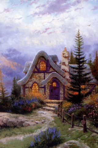 Fondo de pantalla Thomas Kinkade Sweetheart Cottage Painting 320x480