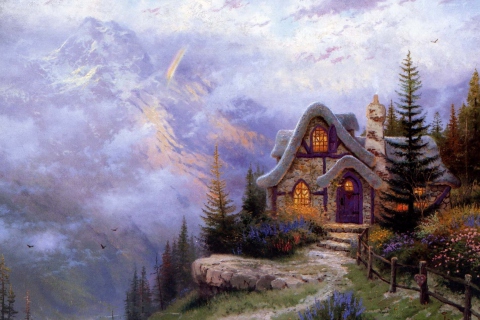 Das Thomas Kinkade Sweetheart Cottage Painting Wallpaper 480x320
