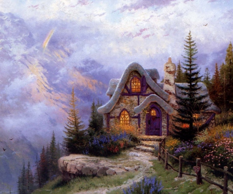 Das Thomas Kinkade Sweetheart Cottage Painting Wallpaper 480x400