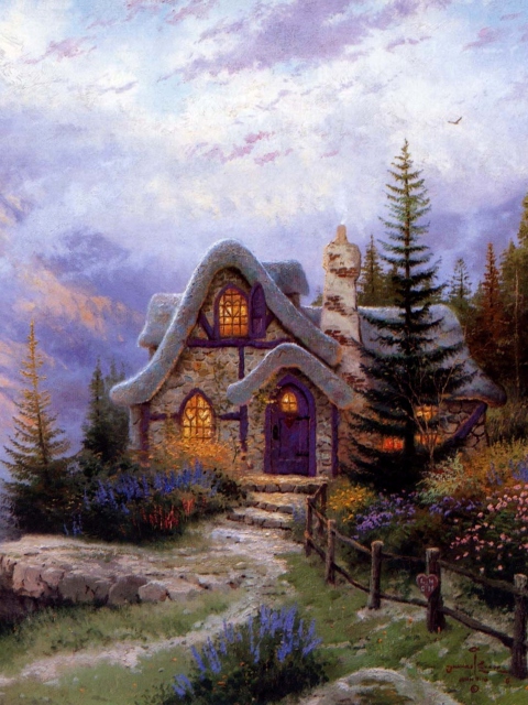 Das Thomas Kinkade Sweetheart Cottage Painting Wallpaper 480x640