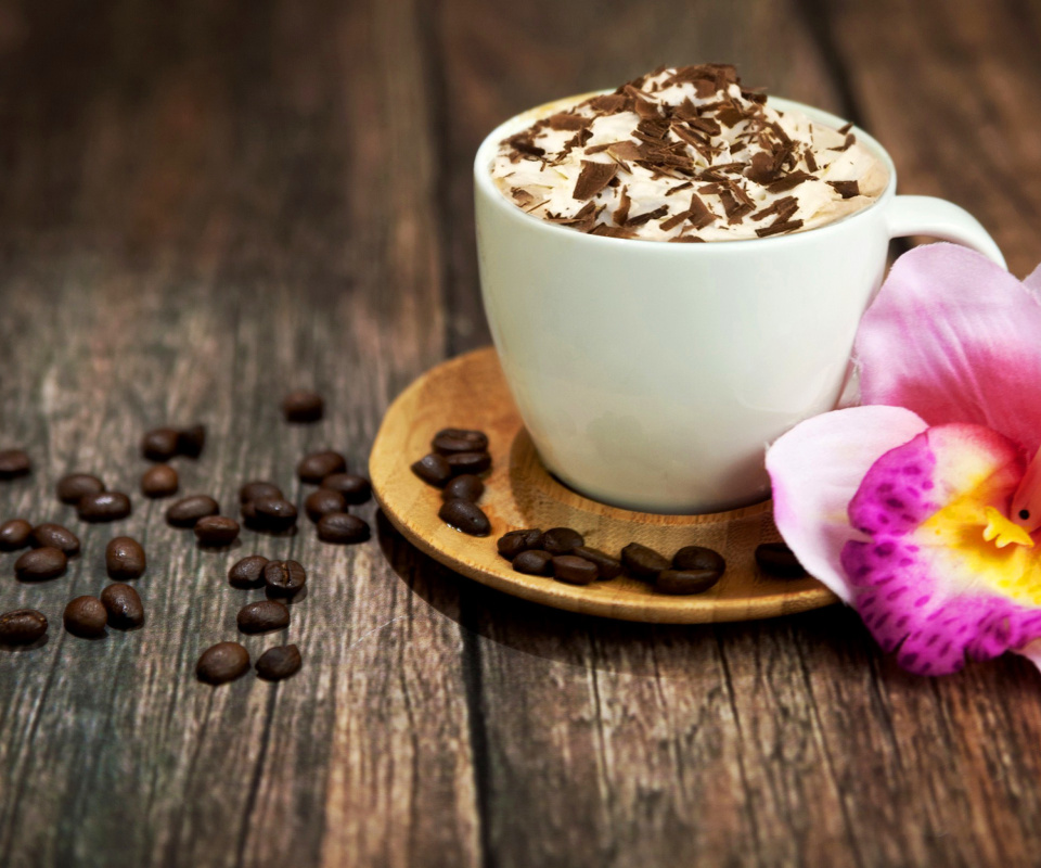 Coffee beans and flower wallpaper 960x800