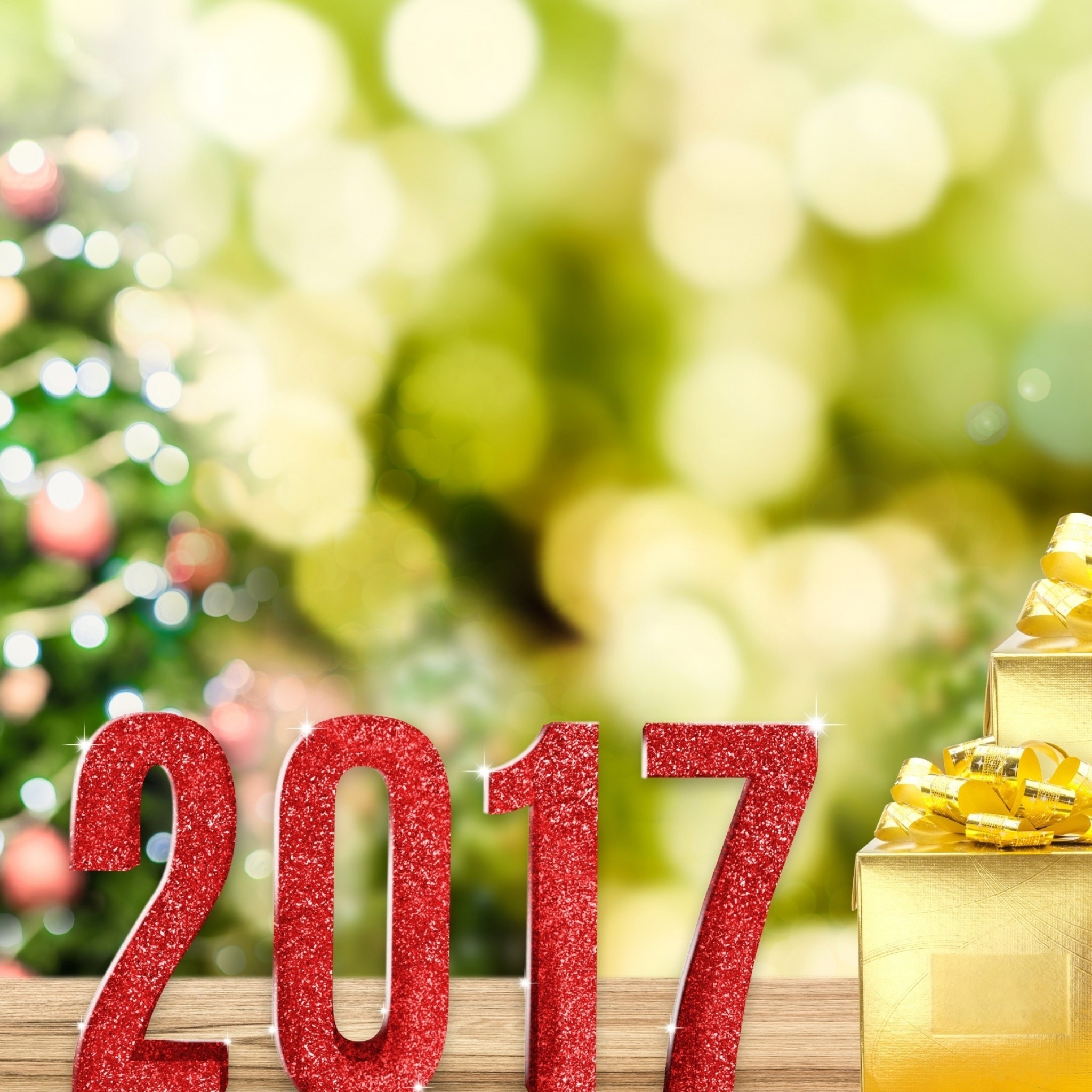 Fondo de pantalla 2017 New Year with Gold Gift 2048x2048