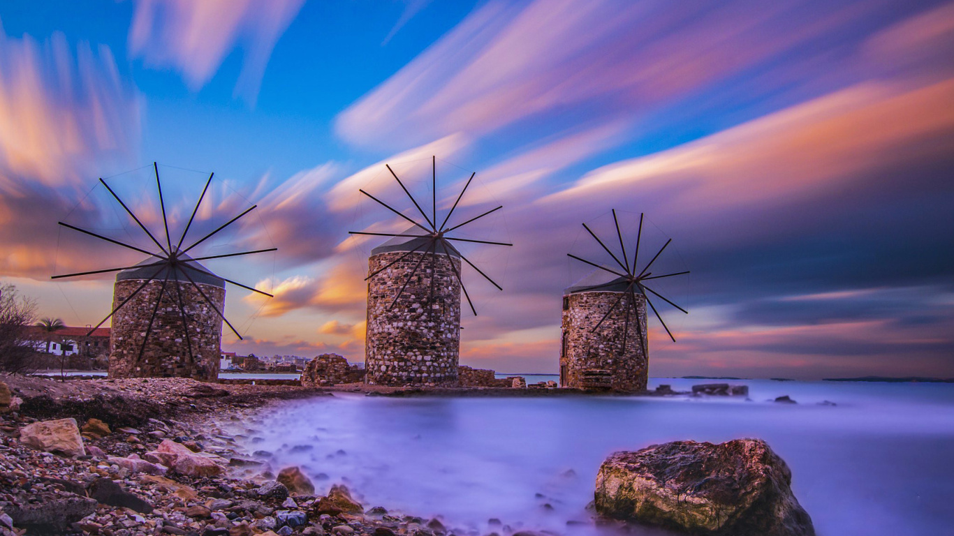 Windmills in Greece Mykonos screenshot #1 1366x768