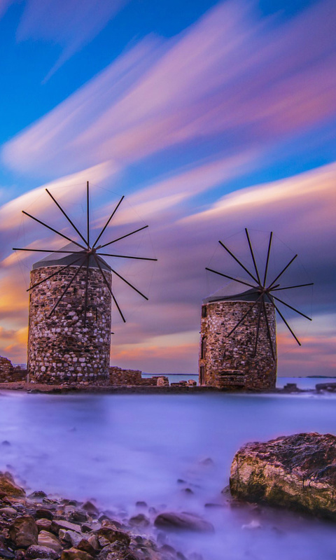 Das Windmills in Greece Mykonos Wallpaper 480x800