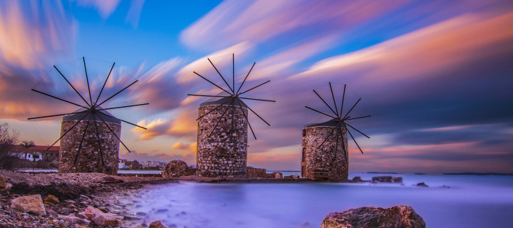 Windmills in Greece Mykonos wallpaper 720x320