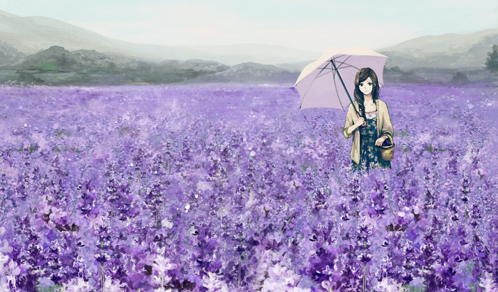 Sfondi Girl With Umbrella In Lavender Field 1024x600