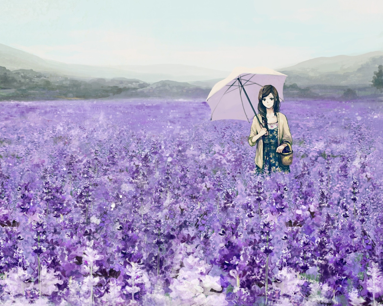 Sfondi Girl With Umbrella In Lavender Field 1280x1024