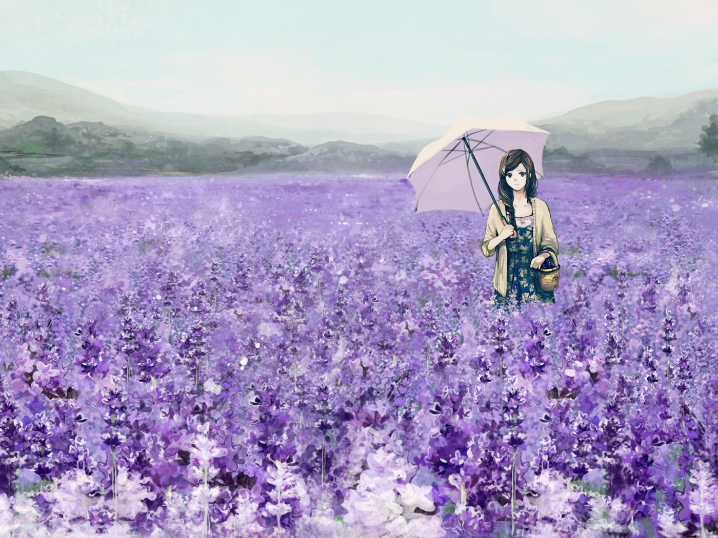 Обои Girl With Umbrella In Lavender Field 1400x1050