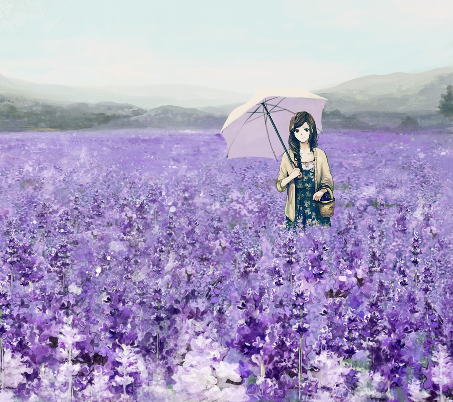 Fondo de pantalla Girl With Umbrella In Lavender Field 1440x1280