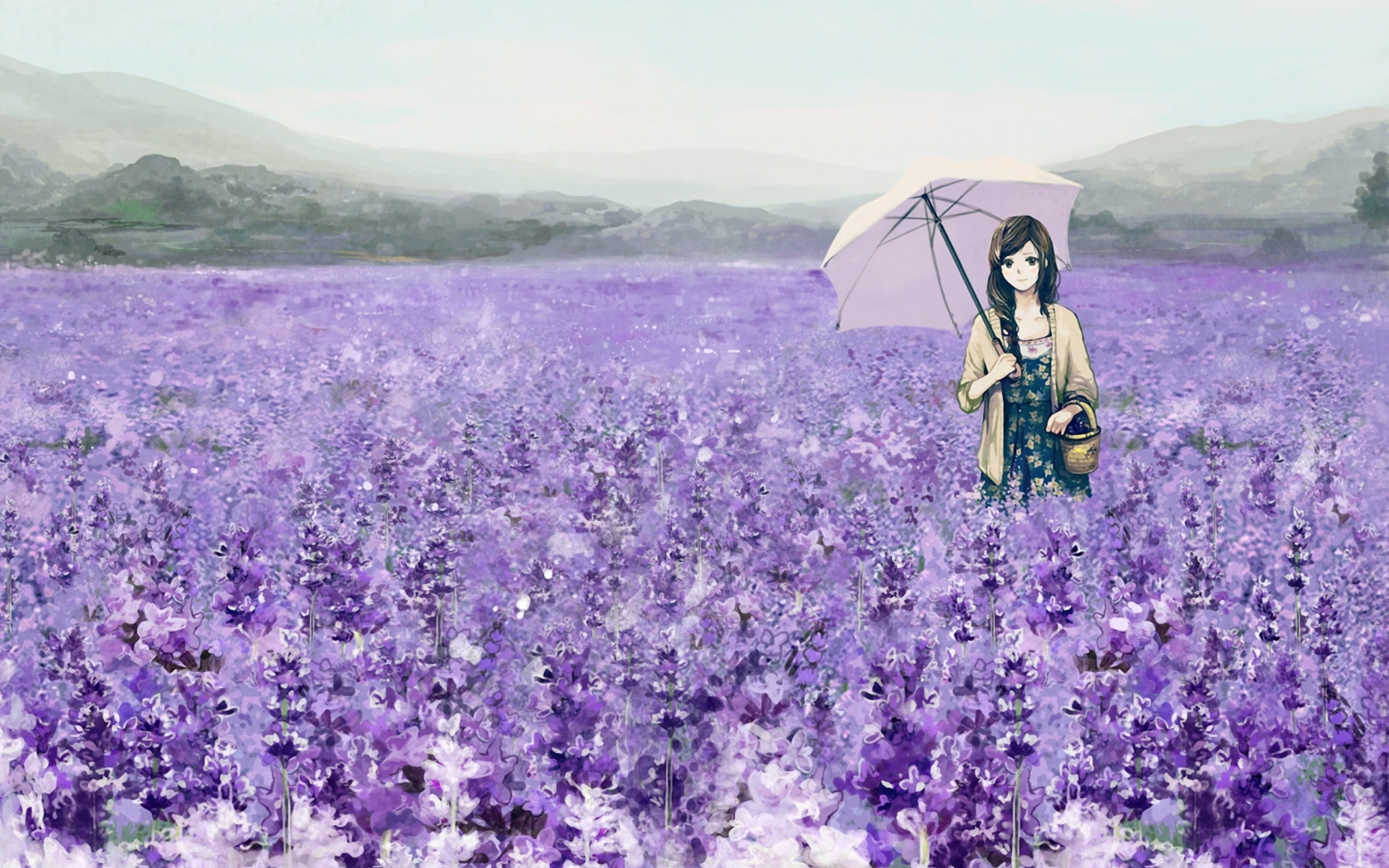 Sfondi Girl With Umbrella In Lavender Field 1680x1050