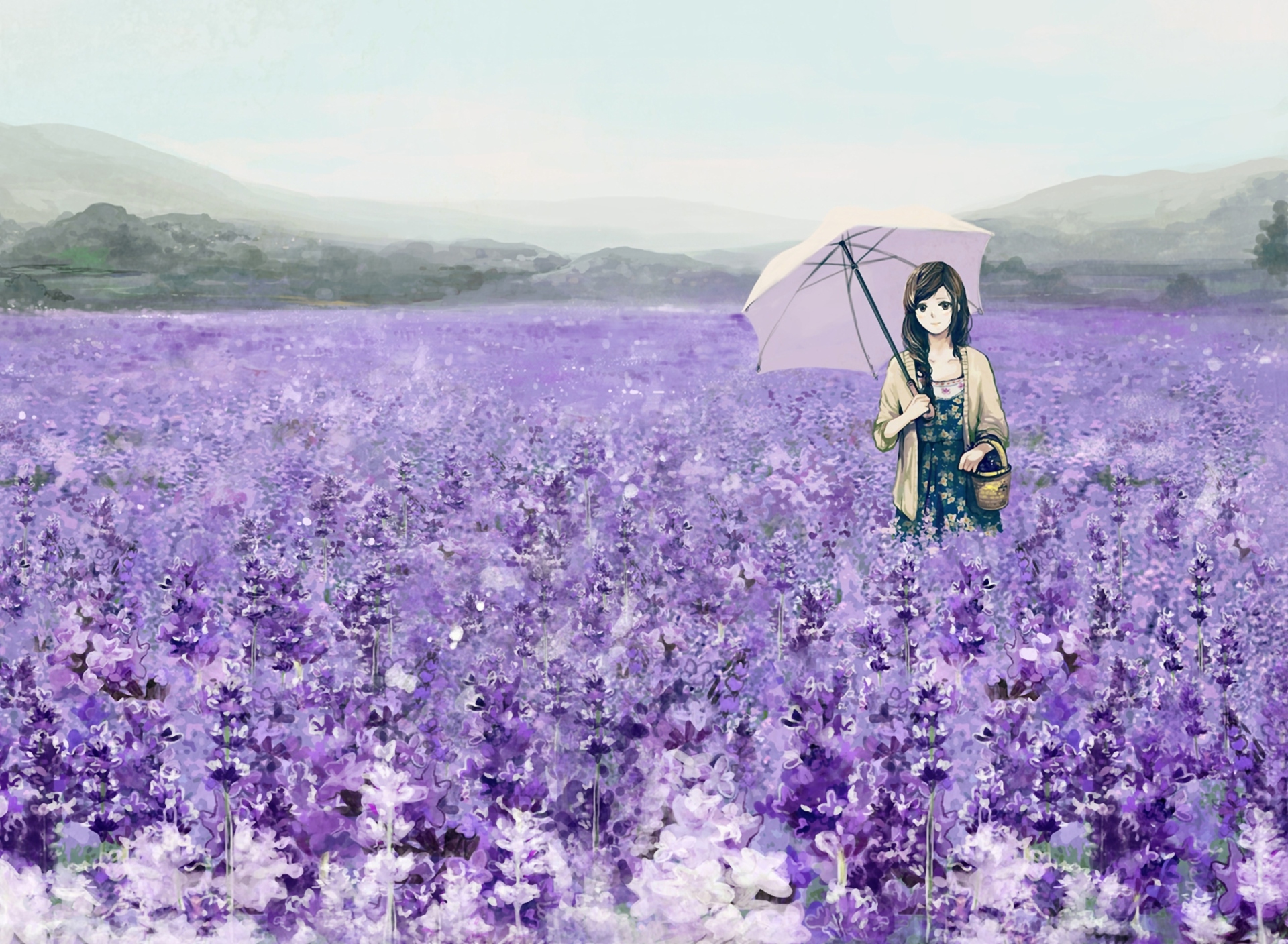 Fondo de pantalla Girl With Umbrella In Lavender Field 1920x1408