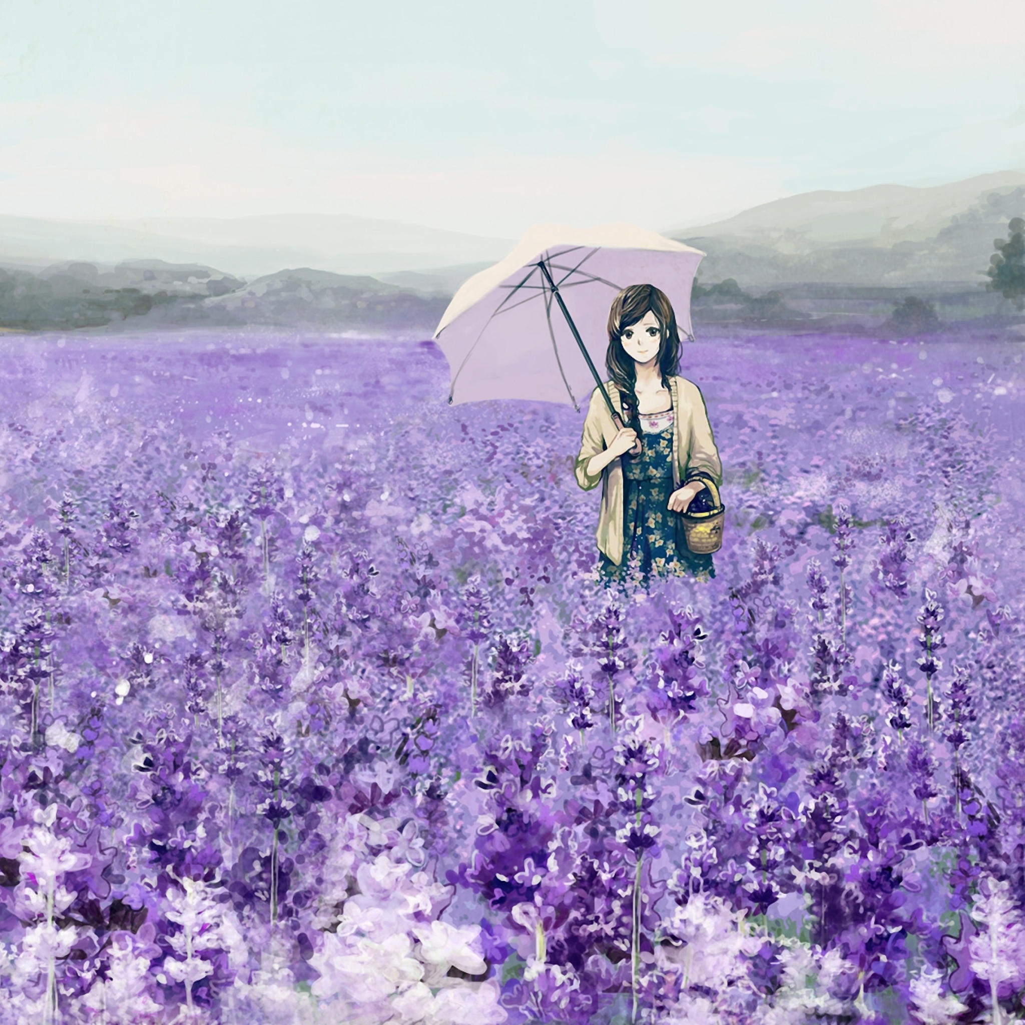 Sfondi Girl With Umbrella In Lavender Field 2048x2048