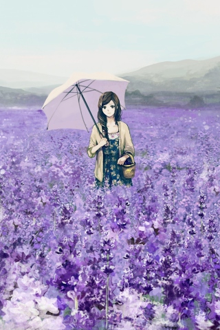 Fondo de pantalla Girl With Umbrella In Lavender Field 320x480