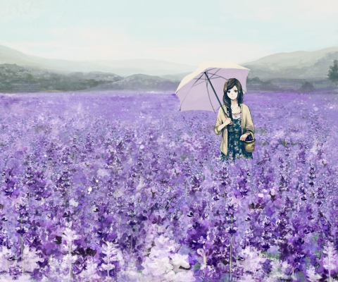 Sfondi Girl With Umbrella In Lavender Field 480x400