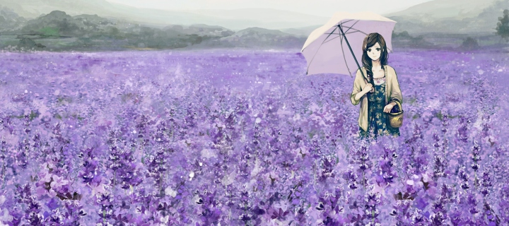 Sfondi Girl With Umbrella In Lavender Field 720x320