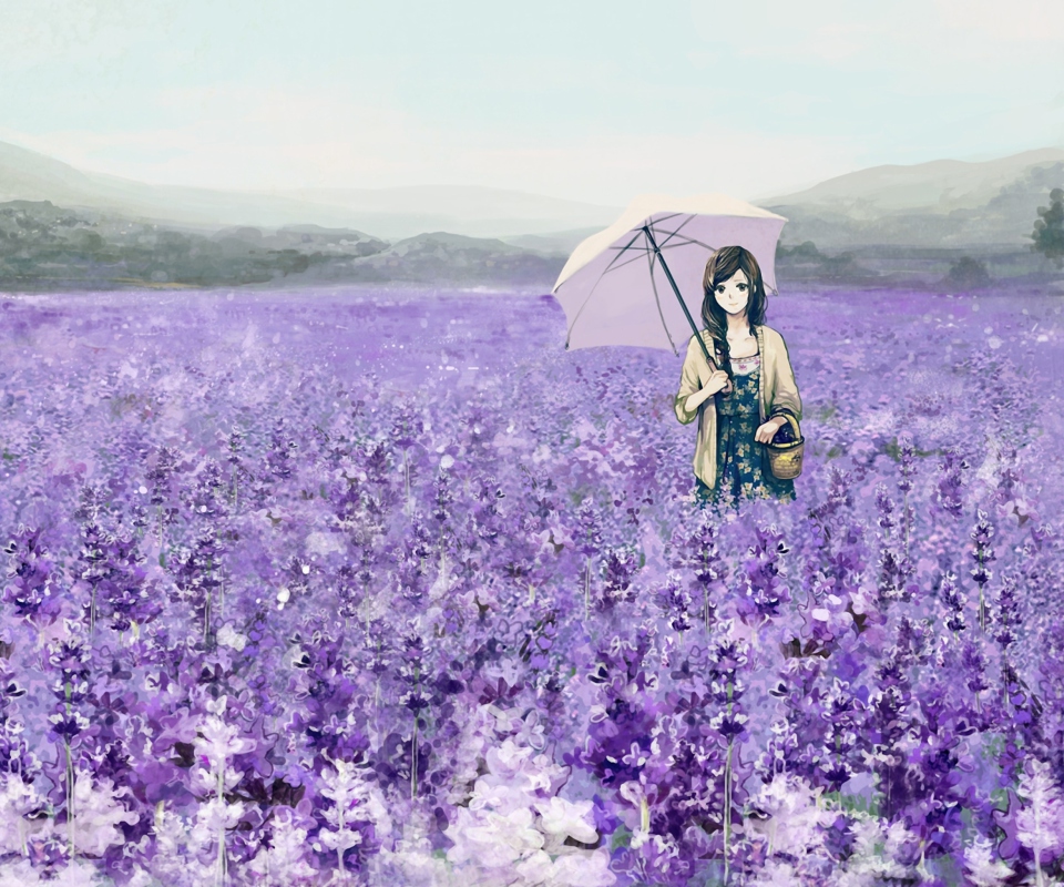Girl With Umbrella In Lavender Field wallpaper 960x800