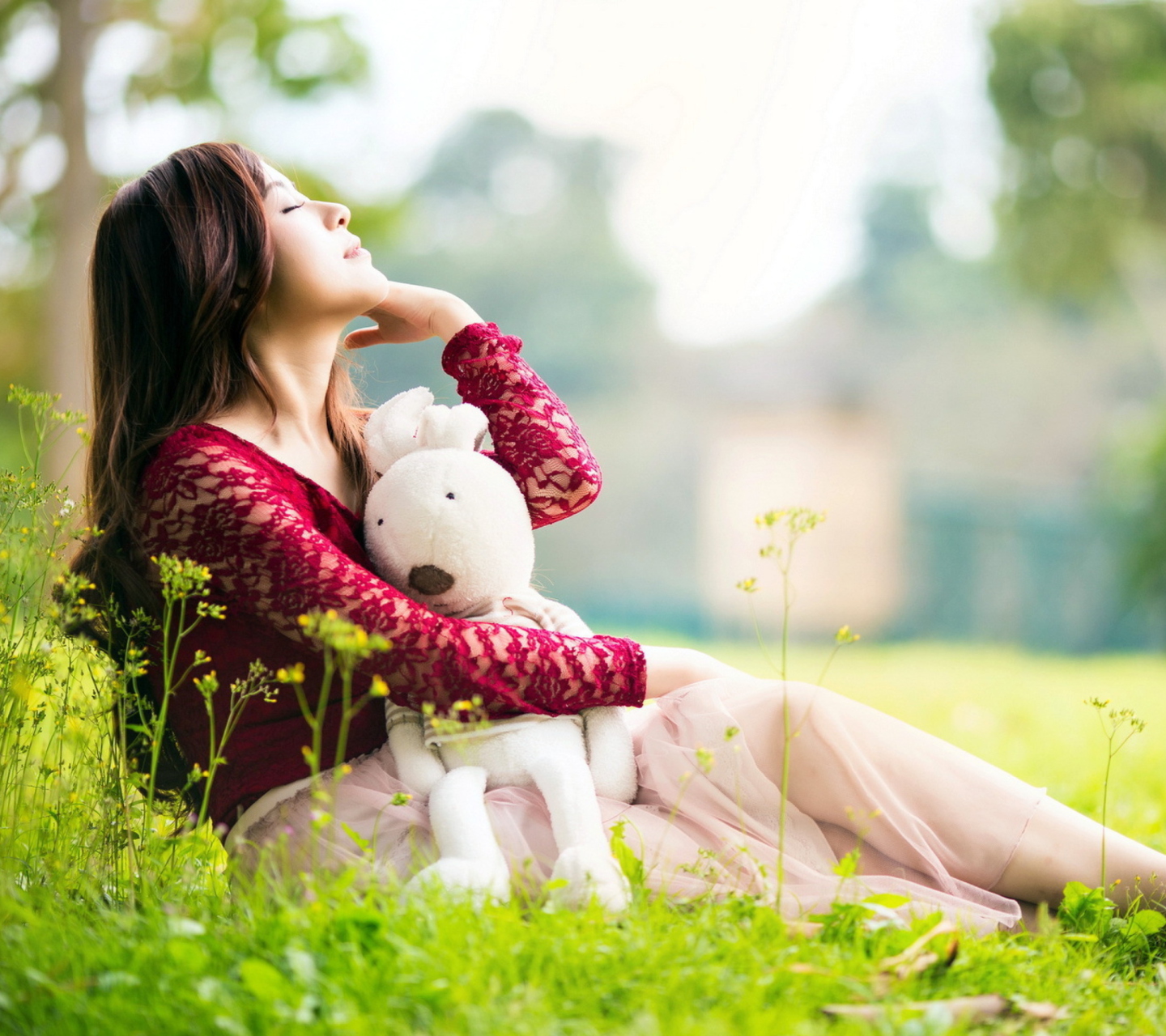 Cute Asian Girl With Plush Rabbit wallpaper 1440x1280