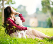 Cute Asian Girl With Plush Rabbit wallpaper 176x144