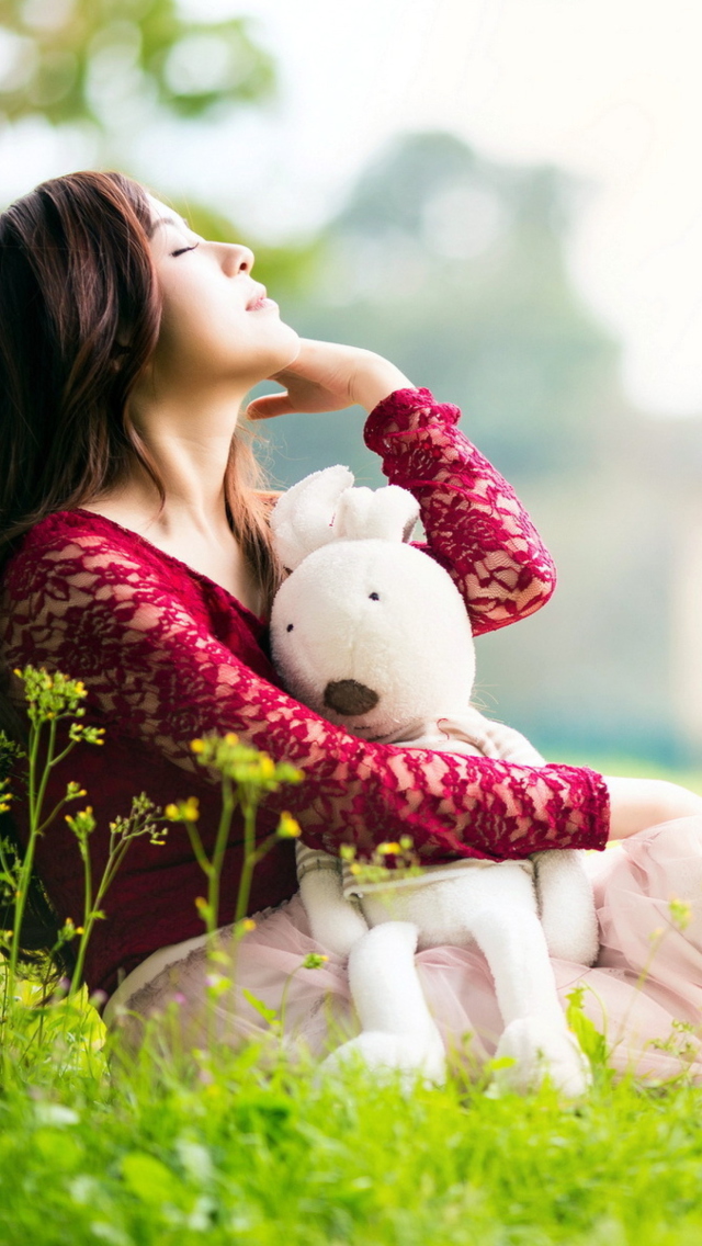 Cute Asian Girl With Plush Rabbit wallpaper 640x1136