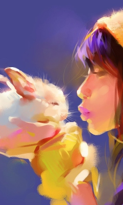 Das Girl Kissing Rabbit Painting Wallpaper 240x400