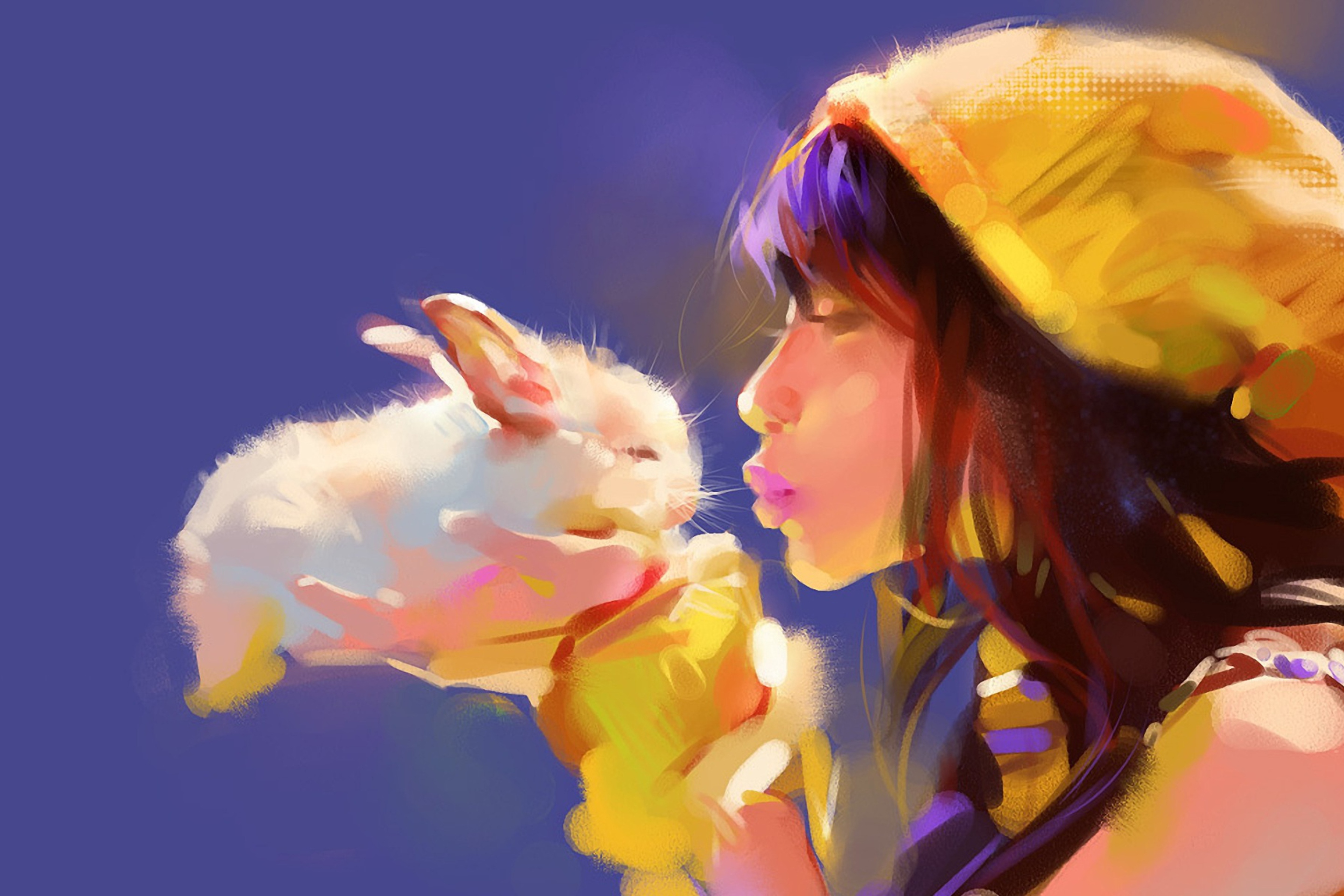 Обои Girl Kissing Rabbit Painting 2880x1920