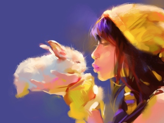 Girl Kissing Rabbit Painting wallpaper 320x240